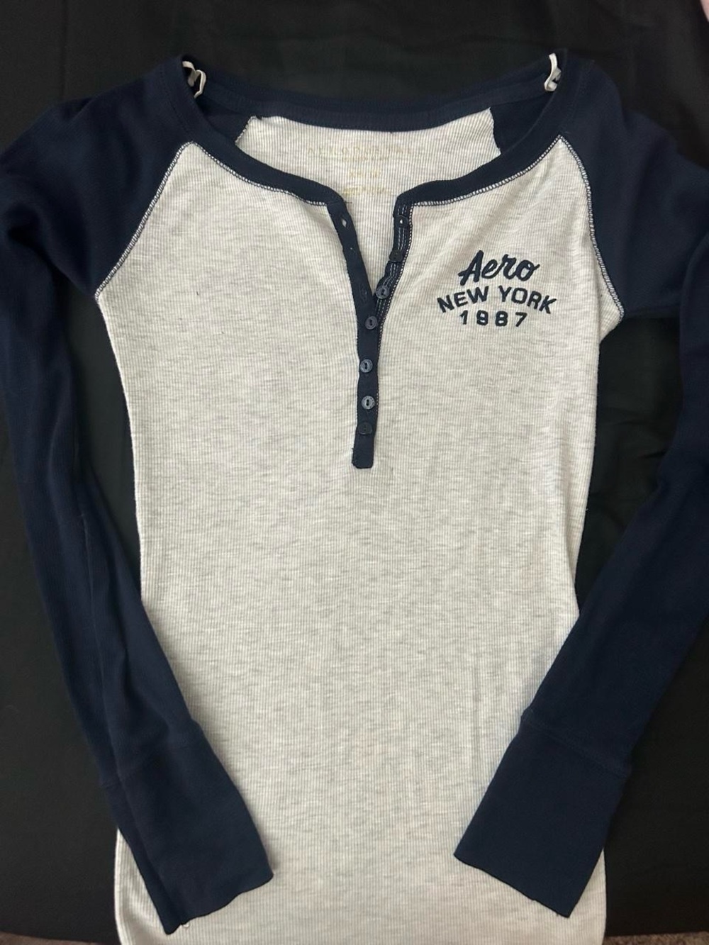 Aeropostale Navy and White Long-Sleeve Henley